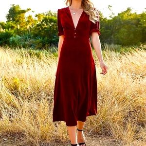 V neck midi velvet dress burgundy